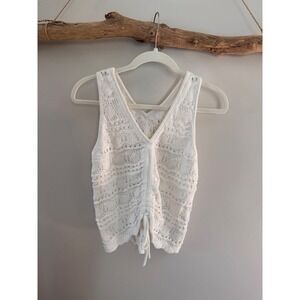 Another Love White Cotton Pointelle Knit Tank Top V-Neck Cinched Hem